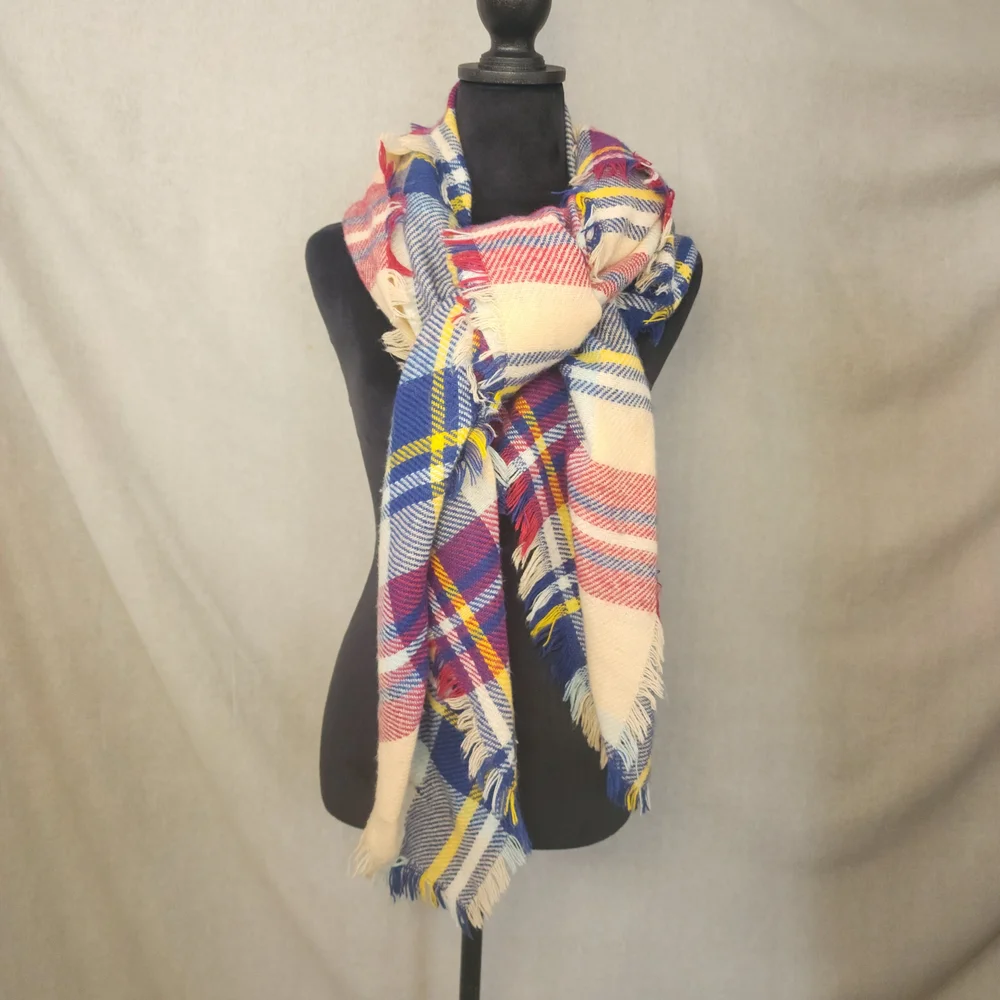Women's Plaid Red Blue Yellow Tan Large Blanket Wrap Shawl Scarf